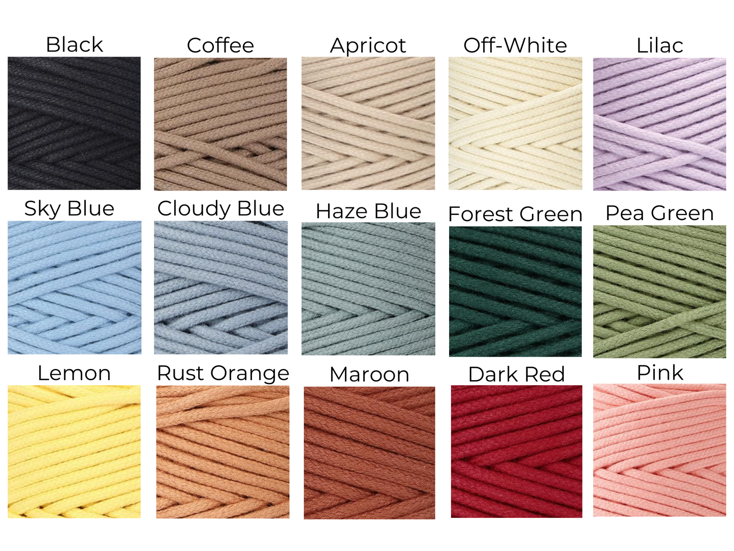 Color swatches of yarn in various colors with labels above each swatch.