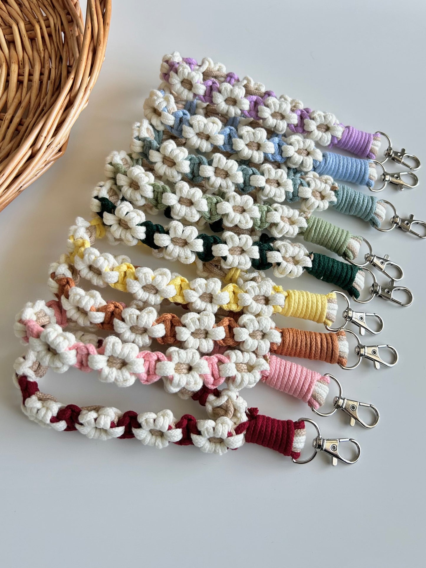 Flower Macrame Wristlet Keychain – Handmade Boho Floral Keychain for Keys & Bags