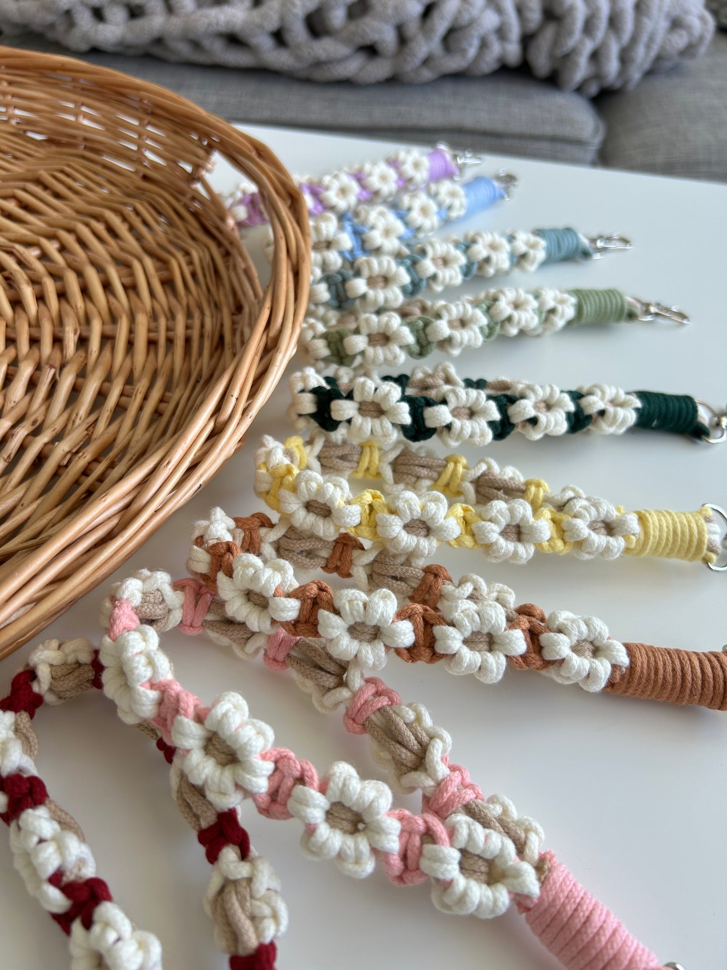 Flower Macrame Wristlet Keychain – Handmade Boho Floral Keychain for Keys & Bags