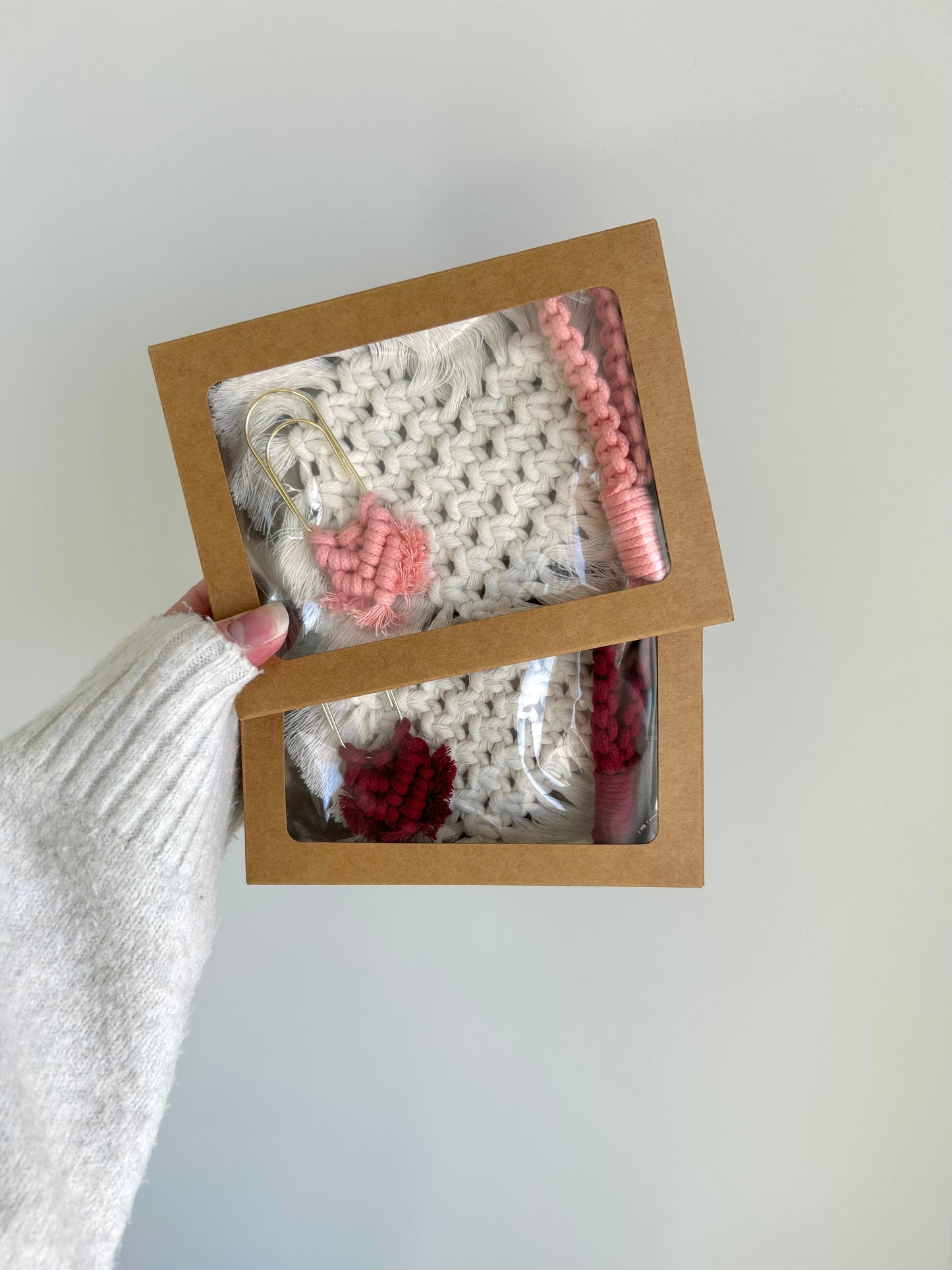 Boho Macrame Gift Bundle – Handmade Heart Coaster, Paperclip Bookmark & Keychain Set