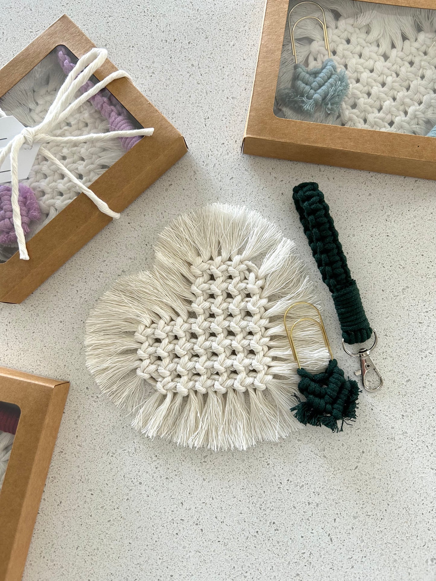 Boho Macrame Gift Bundle – Handmade Heart Coaster, Paperclip Bookmark & Keychain Set