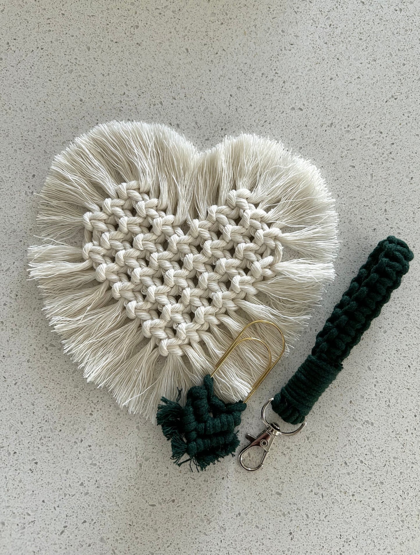 Boho Macrame Gift Bundle – Handmade Heart Coaster, Paperclip Bookmark & Keychain Set