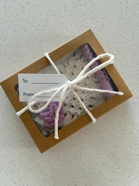 Boho Macrame Gift Bundle – Handmade Heart Coaster, Paperclip Bookmark & Keychain Set