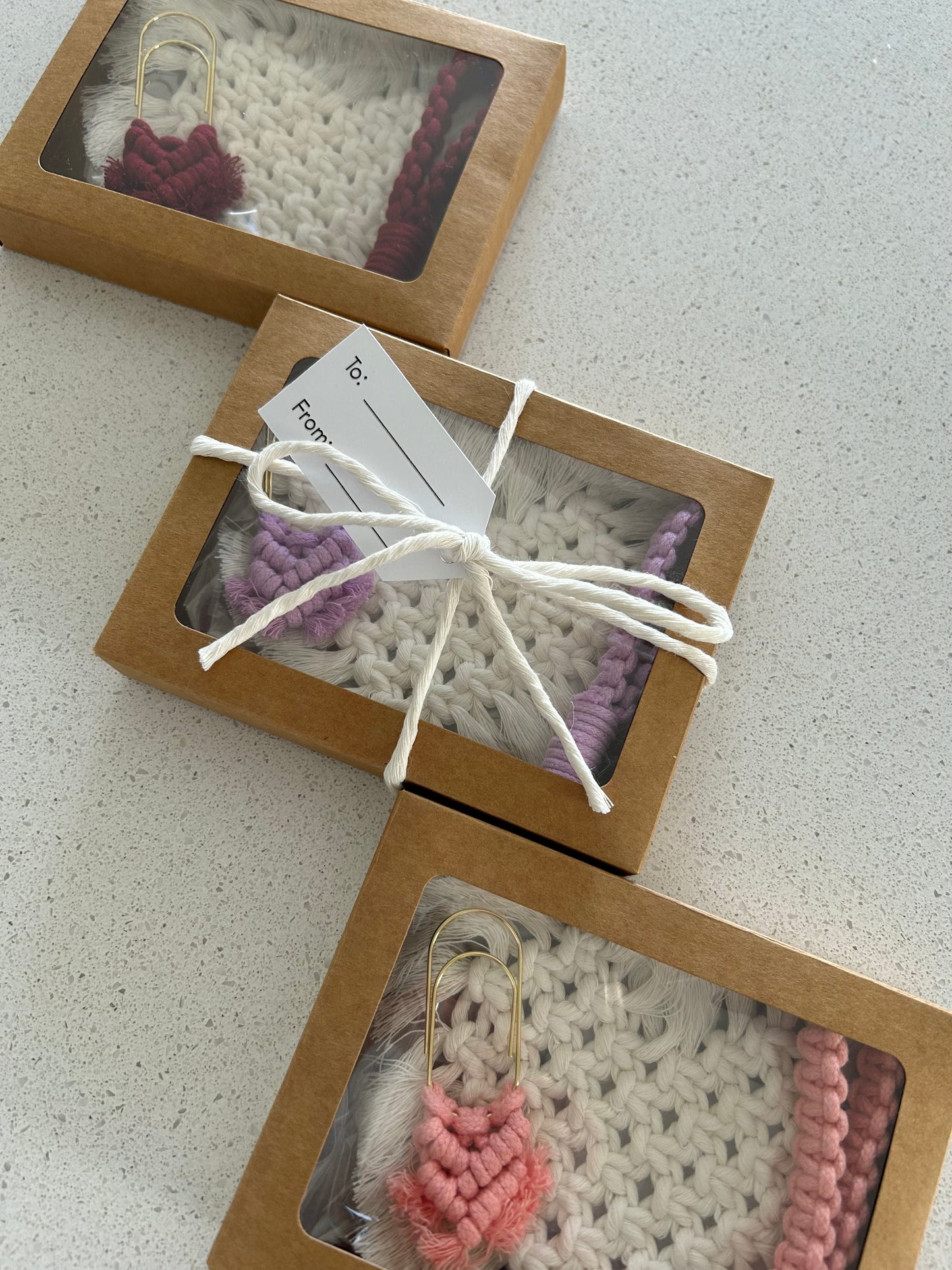 Boho Macrame Gift Bundle – Handmade Heart Coaster, Paperclip Bookmark & Keychain Set