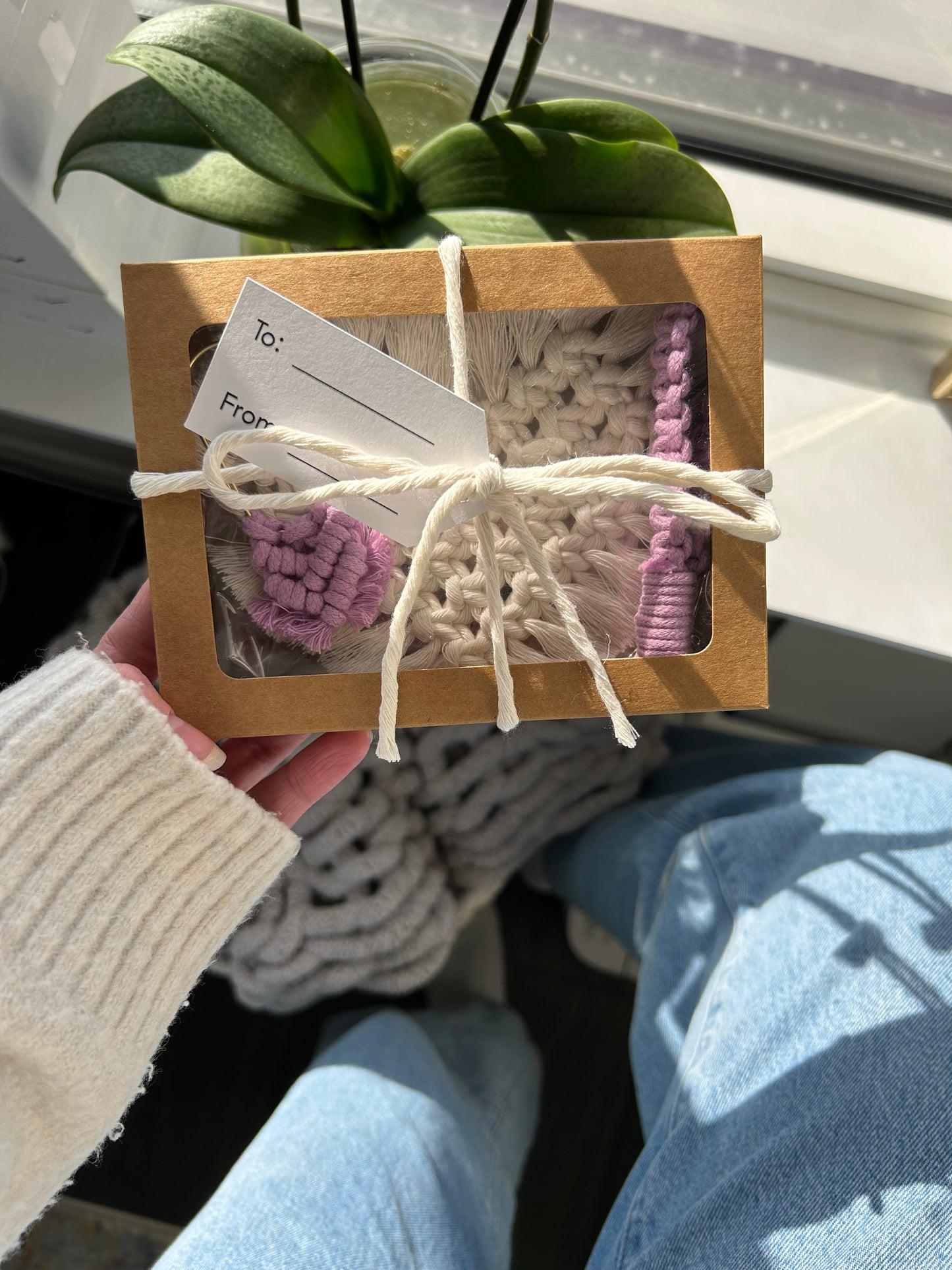 Boho Macrame Gift Bundle – Handmade Heart Coaster, Paperclip Bookmark & Keychain Set