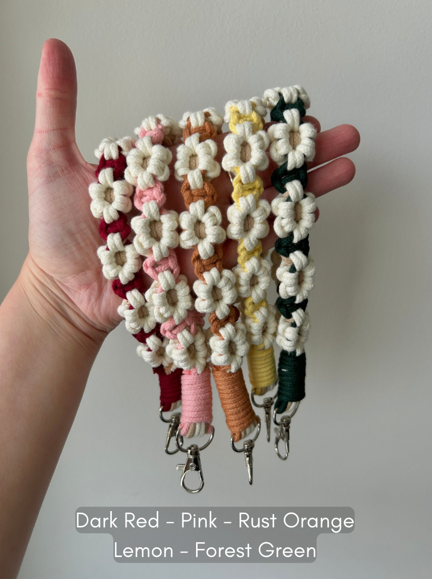 Flower Macrame Wristlet Keychain – Handmade Boho Floral Keychain for Keys & Bags